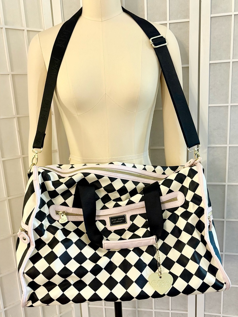 Betsey Johnson NY Weekender Black and White Checkerboard Duffle Pale Pink Trim